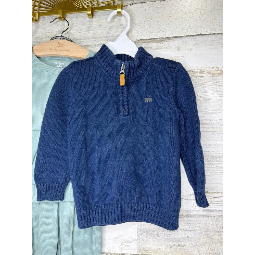 Carter's Bundle Boys 24M Blue Green Plaid Sweater Waffle Set Preppy EUC